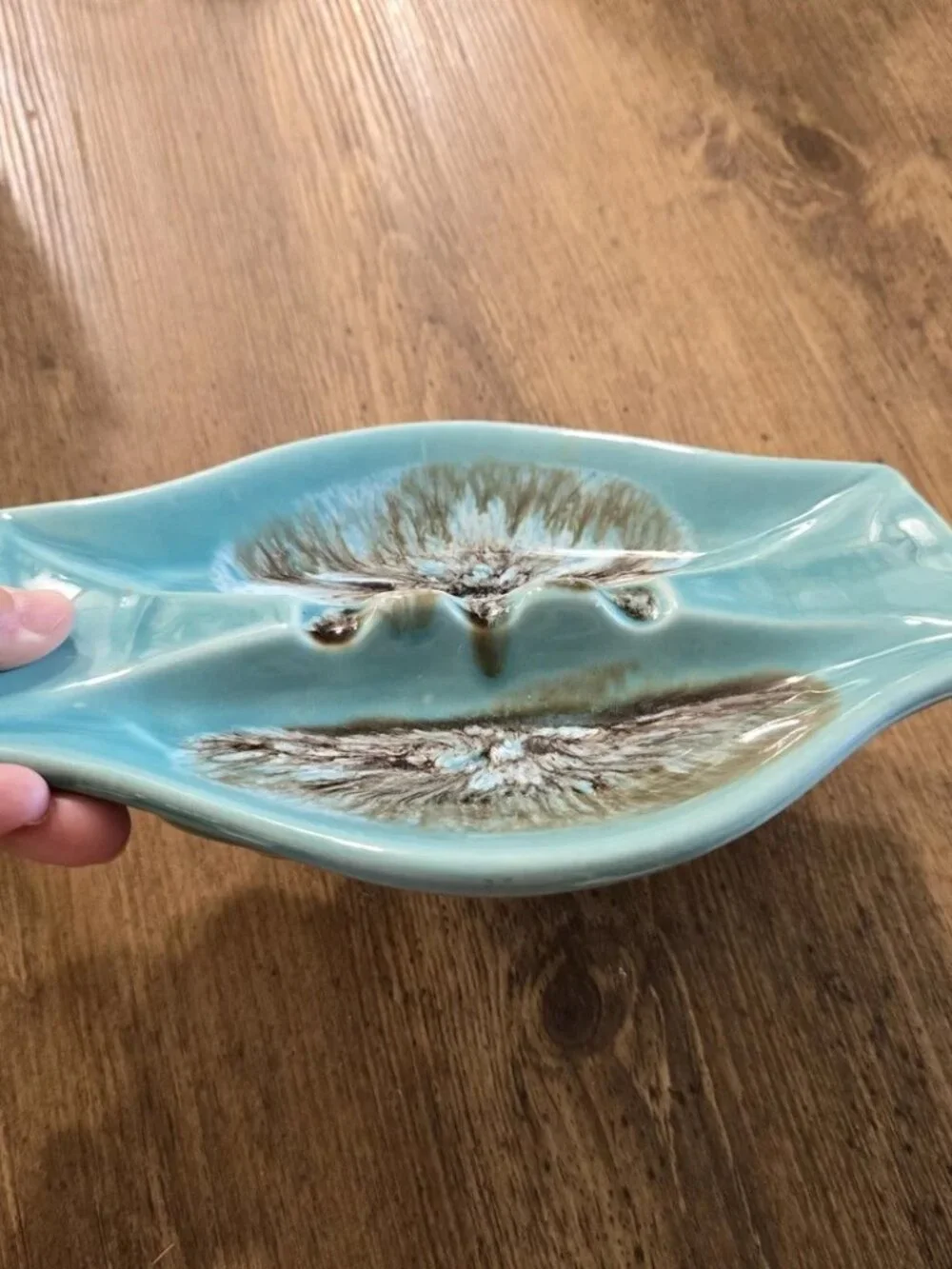 Vintage Mid Century Modern Drip Glaze 9” Ceramic Double Ashtray ATOMIC USA